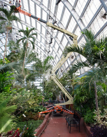 Glass Skylight replacement access glaziers crawler, boom lift rental